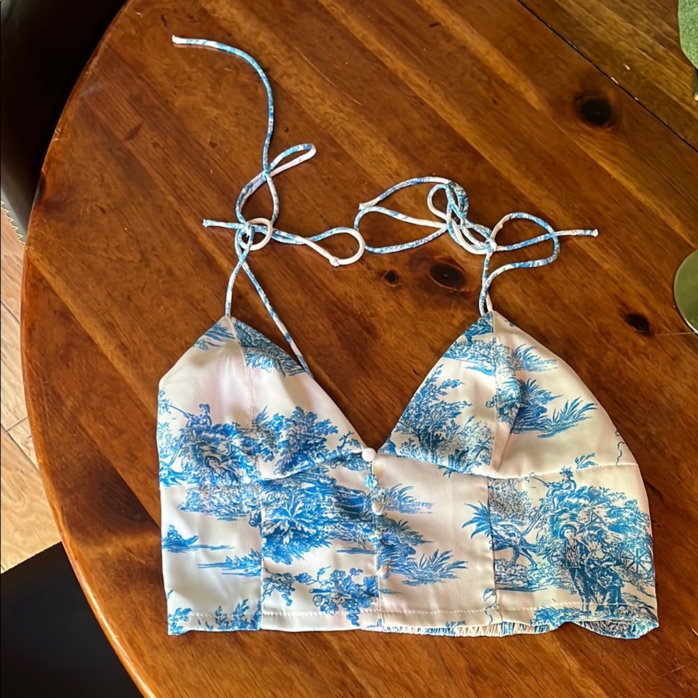 Urban Outfitters Blue and White Tie Front Crop Camisole